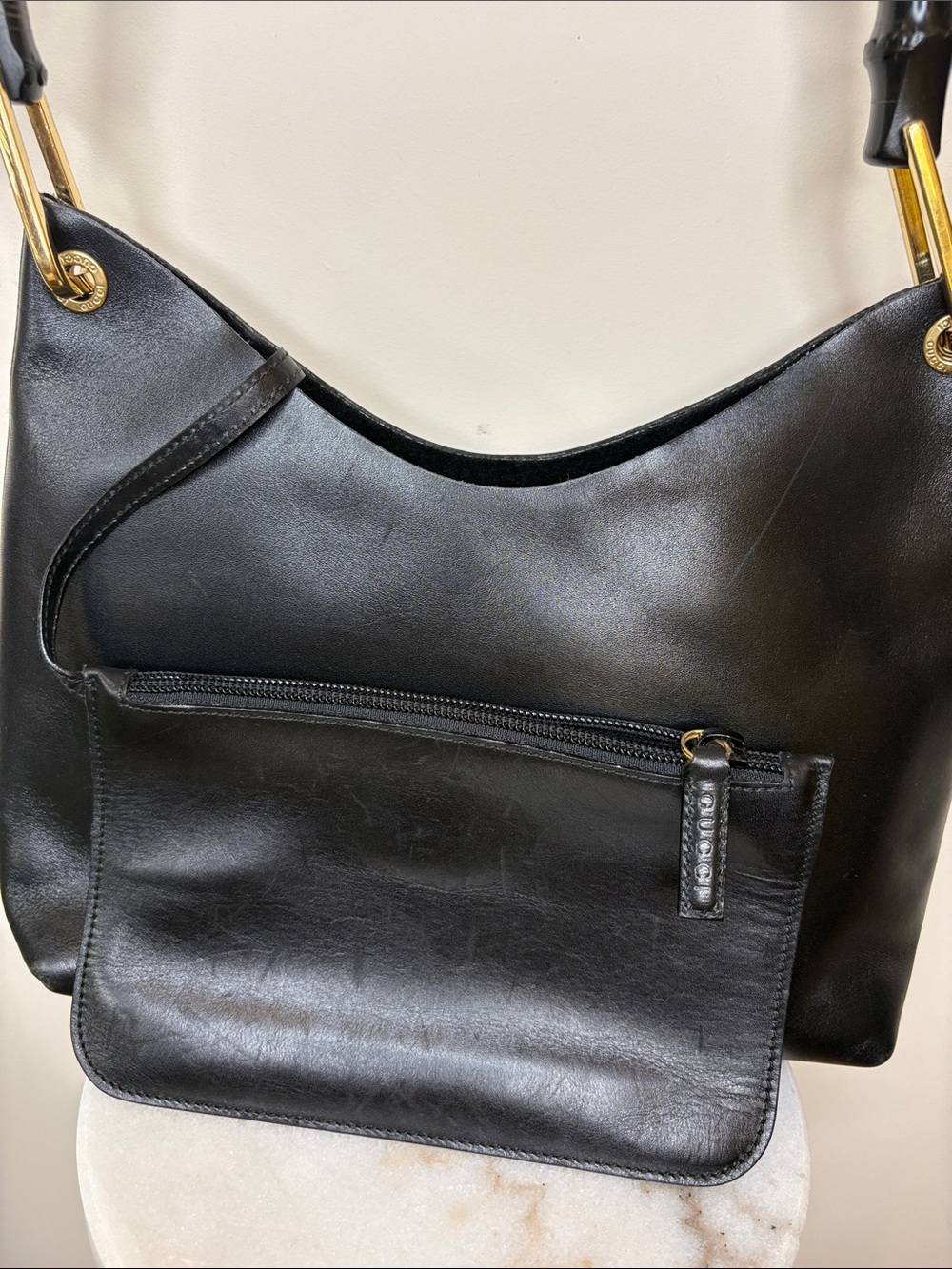 GUCCI Black Bamboo Handle Leather Purse w/ attached Zip Pouch - Picture 7 of 9